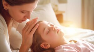 mom taking care of resting child